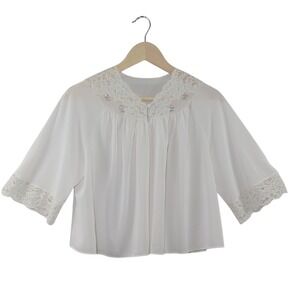 Vintage 60s ShadowLine White Nylon Lace Trim Bed Jacket Rose S Cottagecore Fairy